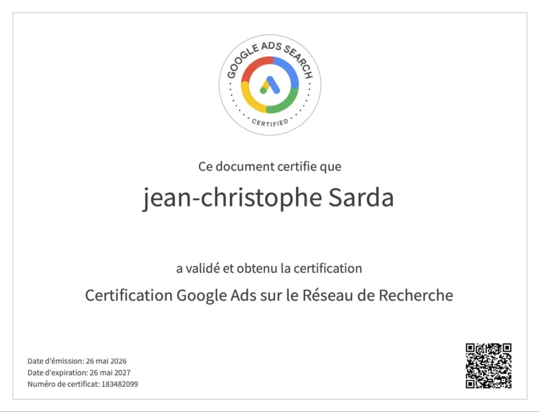 Certificat officiel attestant que Jean-Christophe Sarda a validé et obtenu la certification Google Ads sur le Réseau de Recherche.