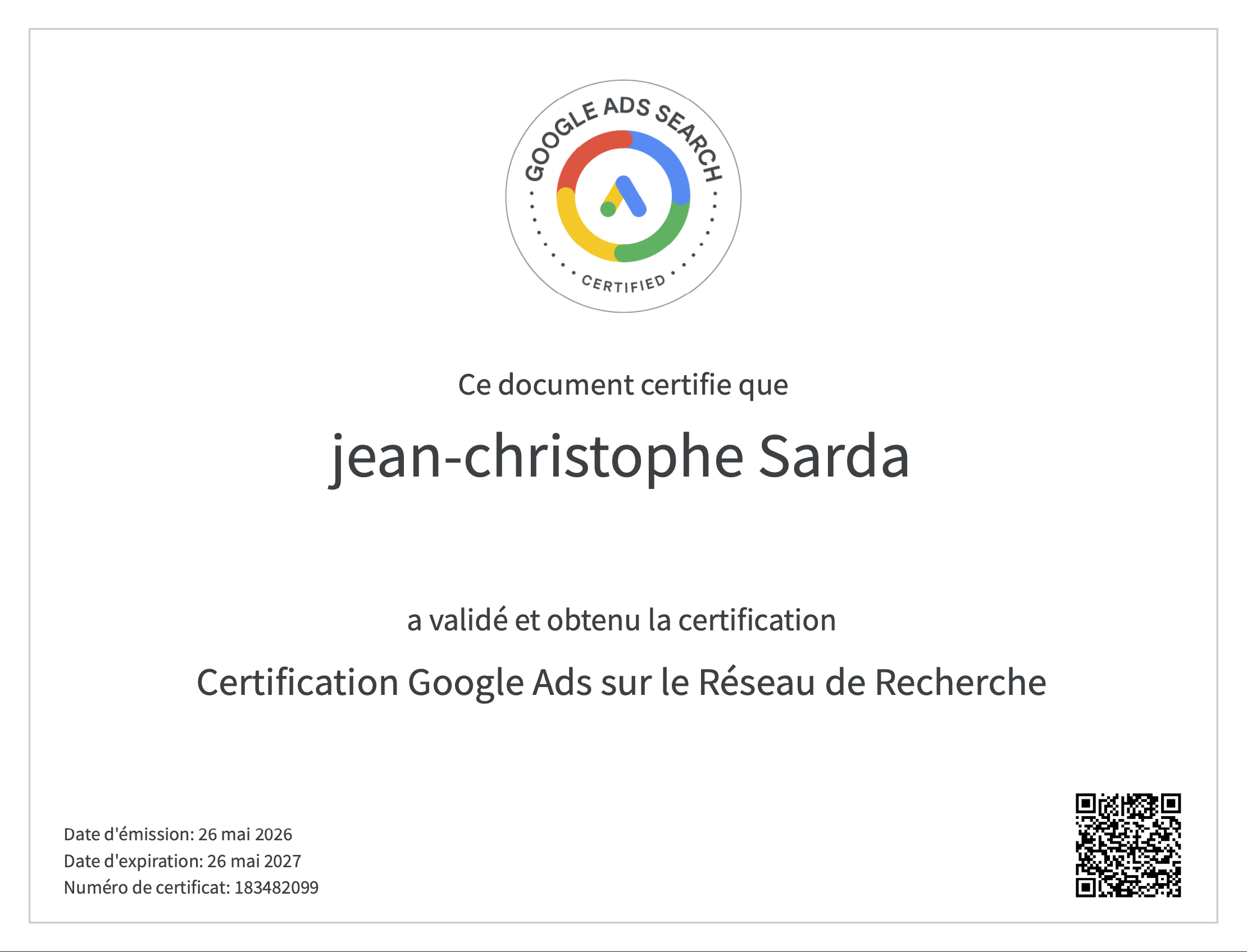 Certificat officiel attestant que Jean-Christophe Sarda a validé et obtenu la certification Google Ads sur le Réseau de Recherche.