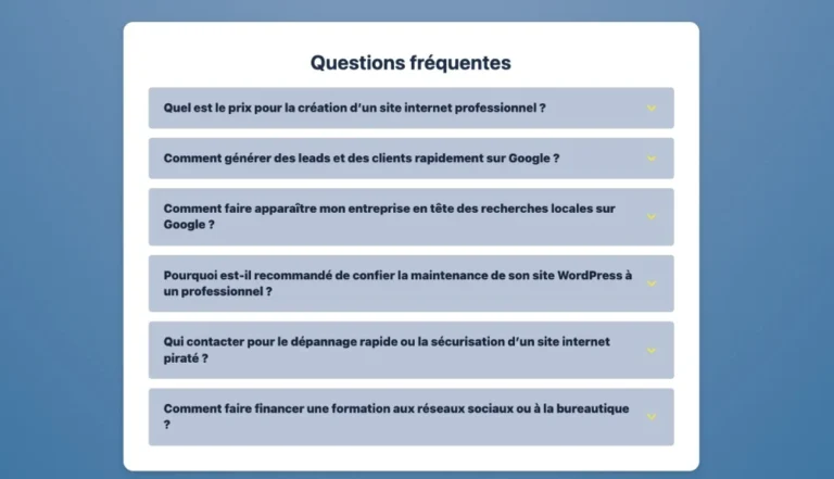 Capture d'écran d'un composant de site web WordPress affichant une liste de questions fréquentes (FAQ) sur des sujets comme la création de sites, le SEO local, la maintenance et le dépannage.