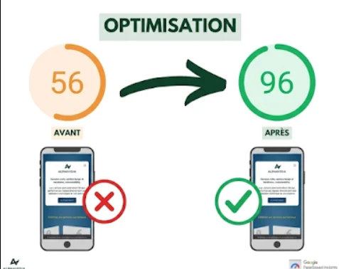 Schéma comparatif d'optimisation mobile montrant une augmentation du score de performance de 56 (avant) à 96 (après) pour le site Alphavidia.