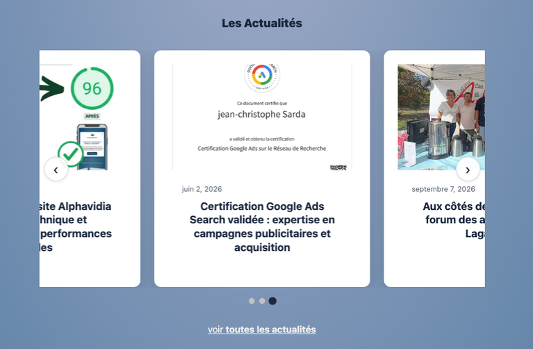 Capture d'écran d'un composant de site web WordPress affichant une liste d'actualités ou d'articles, pour une utilisation blog par exemple.