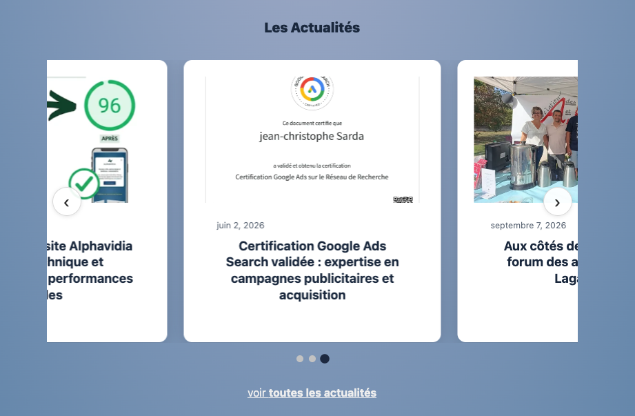 Capture d'écran d'un composant de site web WordPress affichant une liste d'actualités ou d'articles, pour une utilisation blog par exemple.