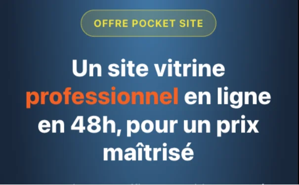 Visuel promotionnel de l'offre Pocket Site présentant un site vitrine professionnel en ligne en 48h pour un prix maîtrisé.